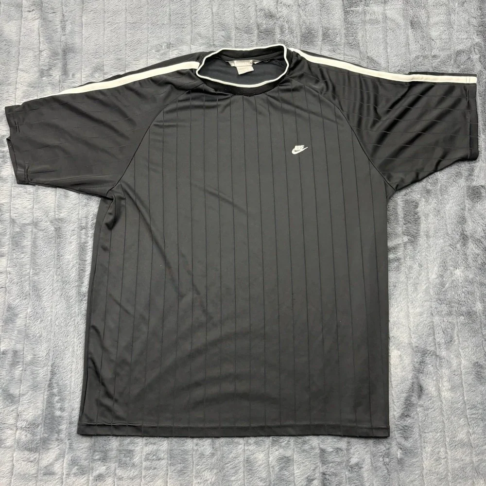 Nike Mens XXL Black Pinstripe Short Sleeve Training Shirt White Trim 10806